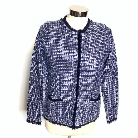 J. Crew knit metallic tweed fringe jacket blue white Sz S - Picture 5 of 6